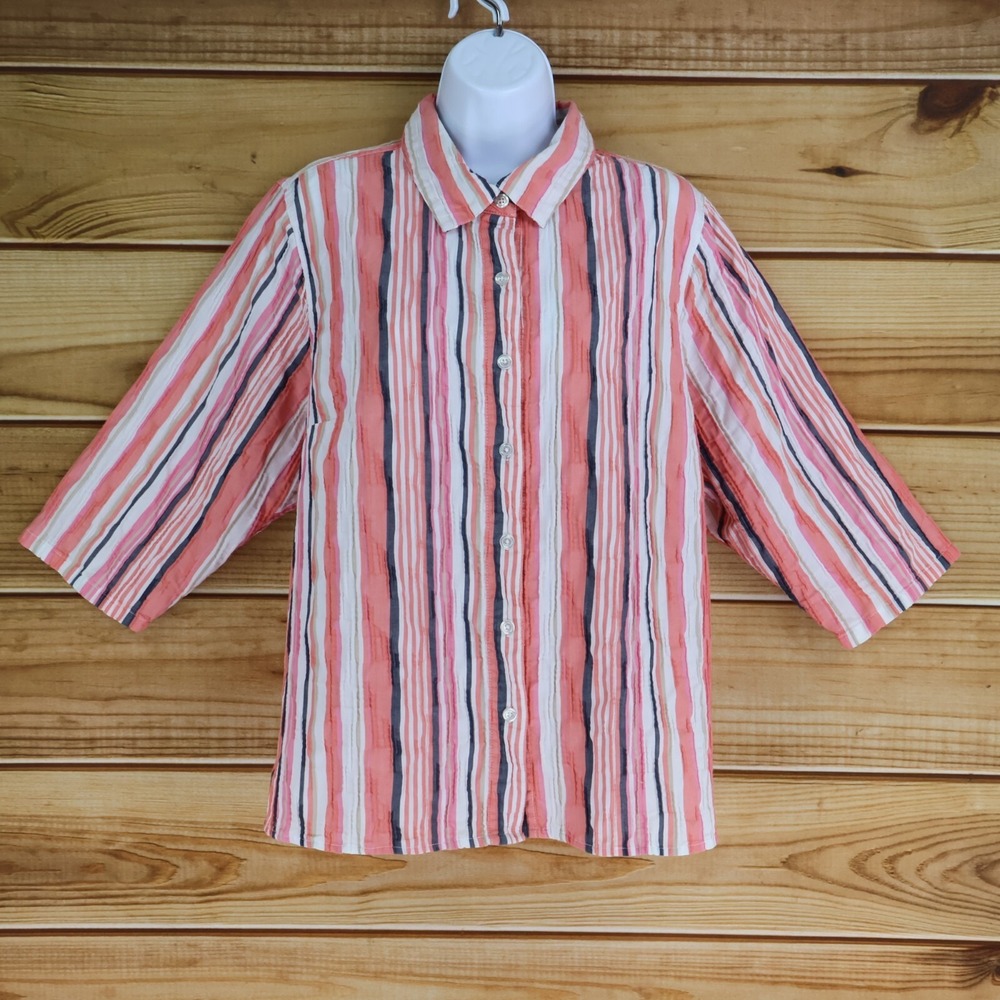 Breckenridge Button-Up Shirt Womens Sz 2XL‎ Multicolor Striped Cotton 3/4 Sleeve